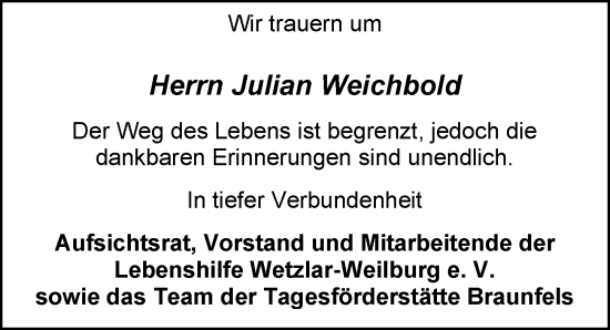 Traueranzeige von Julian Weichbold von Weilburger Tageblatt