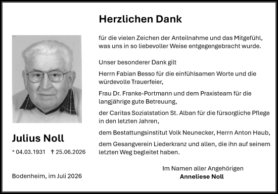 Traueranzeige von Julius Noll von Allgemeine Zeitung Mainz