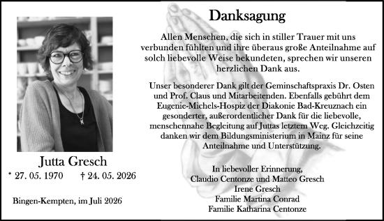 Traueranzeige von Jutta Gresch von Binger-/Ingelheimer Wochenblatt