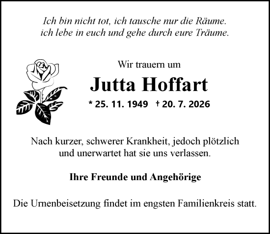 Traueranzeige von Jutta Hoffart von Allgemeine Zeitung Mainz