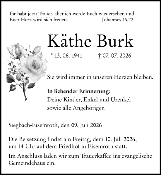 Traueranzeige von Käthe Burk von Dill Block