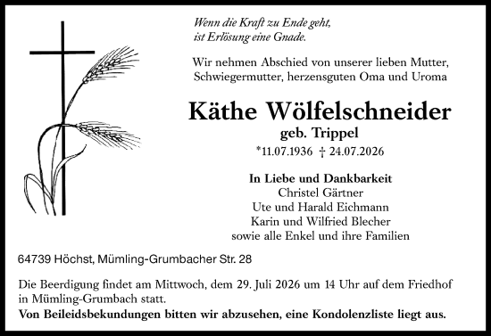 Traueranzeige von Käthe Wölfelschneider von Odenwälder Echo