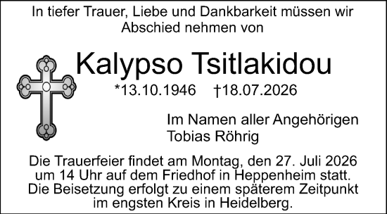 Traueranzeige von Kalypso Tsitlakidou von Starkenburger Echo