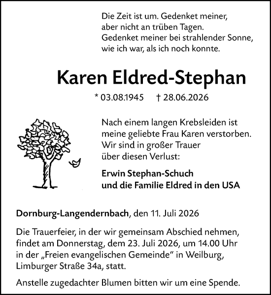 Traueranzeige von Karen Eldred-Stephan von Nassauische Neue Presse