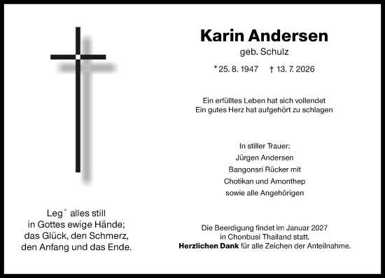 Traueranzeige von Karin Andersen von Wetzlarer Neue Zeitung