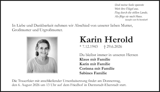 Traueranzeige von Karin Herold von Darmstädter Echo