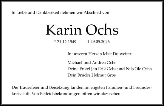 Traueranzeige von Karin Ochs von Wiesbadener Kurier