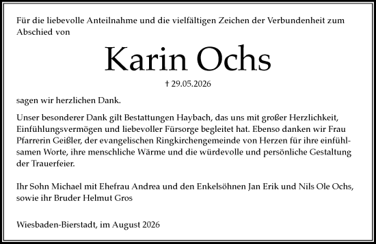 Traueranzeige von Karin Ochs von Wiesbadener Kurier