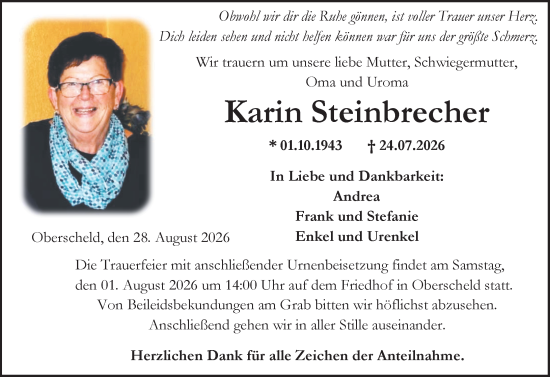Traueranzeige von Karin Steinbrecher von Dill Block