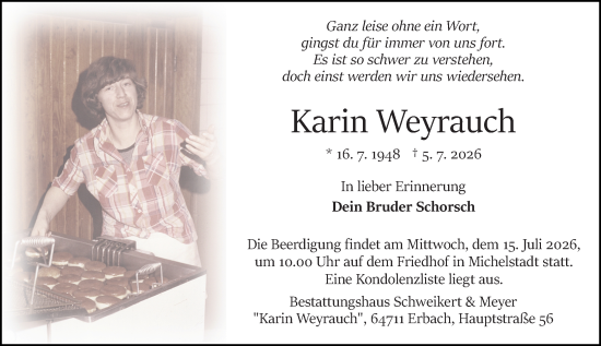 Traueranzeige von Karin Weyrauch von Odenwälder Echo