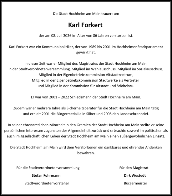 Traueranzeige von Karl Forkert von Hochheimer Zeitung