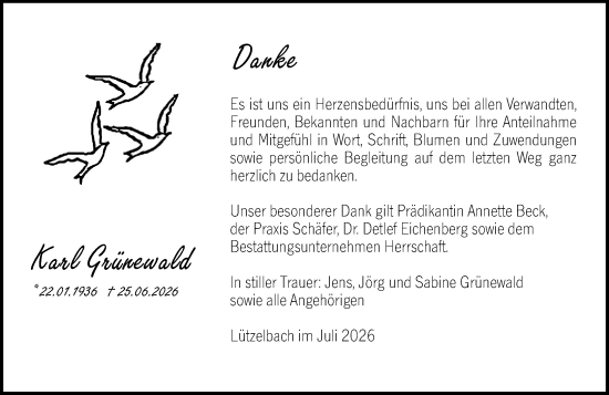 Traueranzeige von Karl Grünewald von Odenwälder Echo