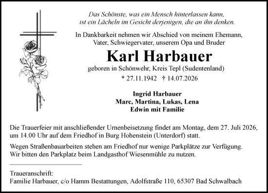 Traueranzeige von Karl Harbauer von Idsteiner Land/Untertaunus