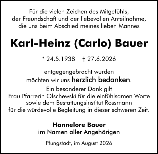 Traueranzeige von Karl-Heinz Bauer von Darmstädter Echo