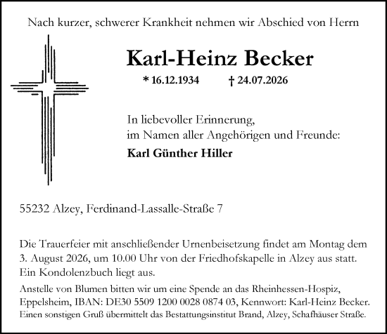 Traueranzeige von Karl-Heinz Becker von Allgemeine Zeitung Alzey