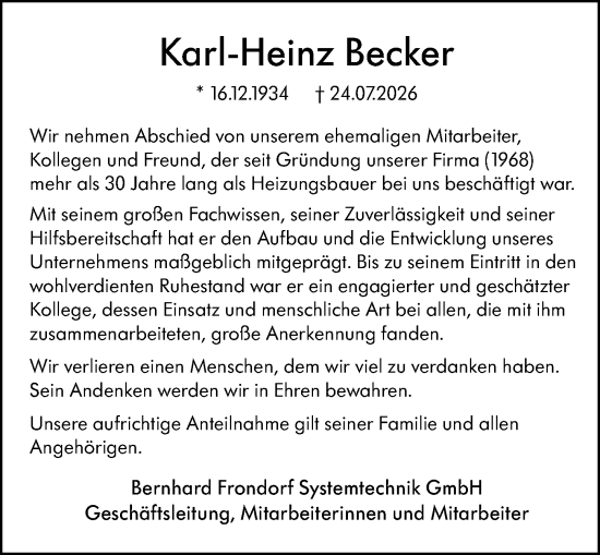 Traueranzeige von Karl-Heinz Becker von Allgemeine Zeitung Alzey