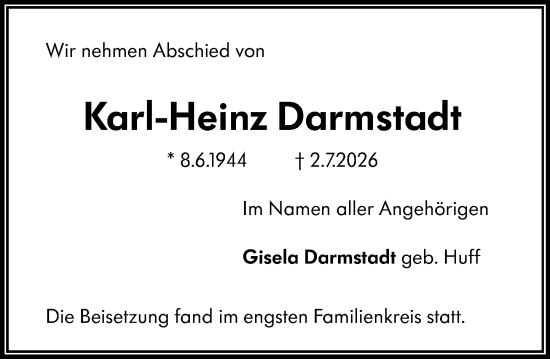 Traueranzeige von Karl-Heinz Darmstadt von Allgemeine Zeitung Mainz