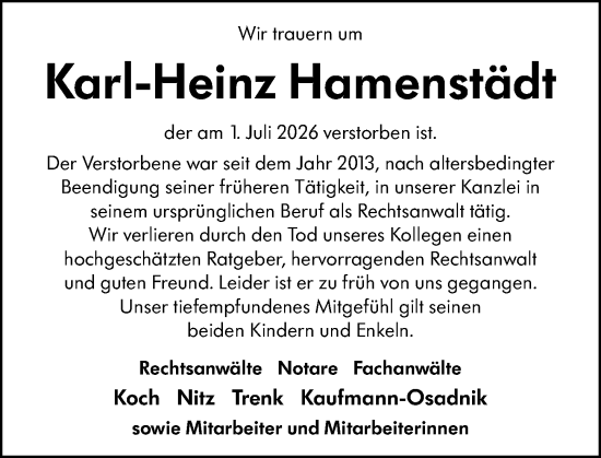 Traueranzeige von Karl-Heinz Hamenstädt von Hinterländer Anzeiger