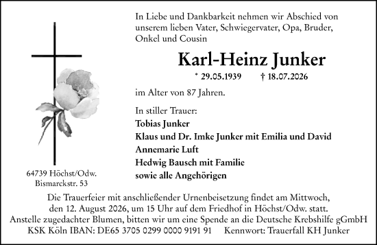 Traueranzeige von Karl-Heinz Junker von Dieburger Anzeiger/Groß-Zimmerner Lokal-Anzeiger