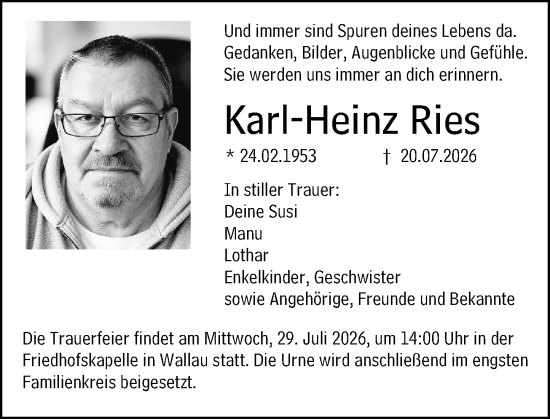 Traueranzeige von Karl-Heinz Ries von Hinterländer Anzeiger