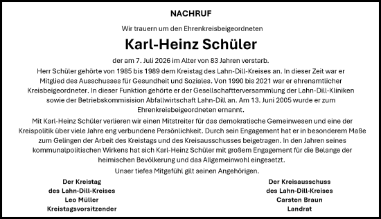 Traueranzeige von Karl-Heinz Schüler von Dill Block