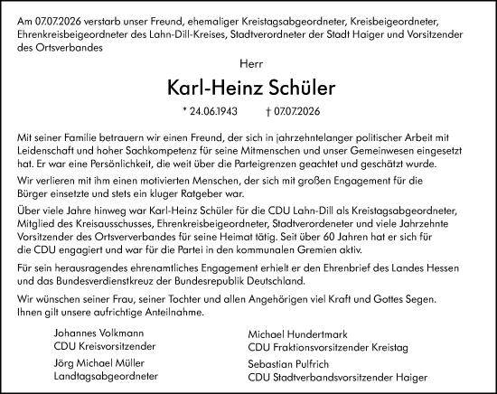 Traueranzeige von Karl-Heinz Schüler von Dill Block