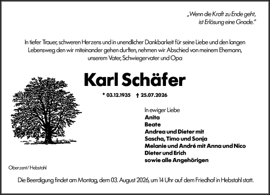 Traueranzeige von Karl Schäfer von Odenwälder Echo