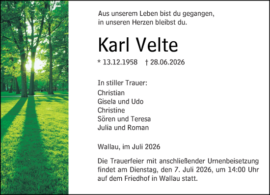 Traueranzeige von Karl Velte von Hinterländer Anzeiger