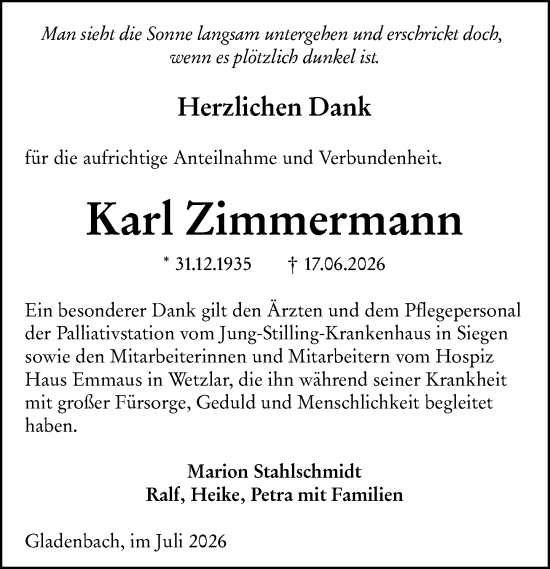 Traueranzeige von Karl Zimmermann von Hinterländer Anzeiger
