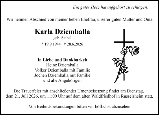 Traueranzeige von Karla Dziemballa von Rüsselsheimer Echo
