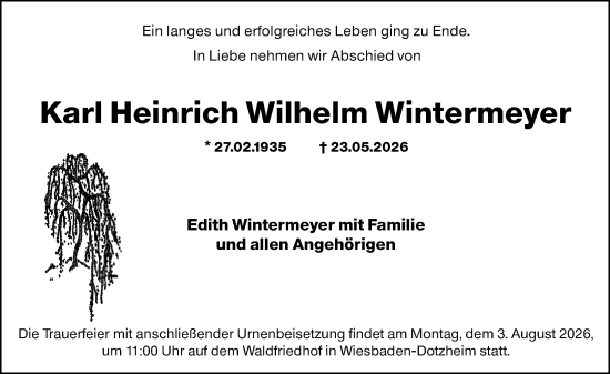 Traueranzeige von Karl Heinrich Wilhelm Wintermeyer von Wiesbadener Kurier