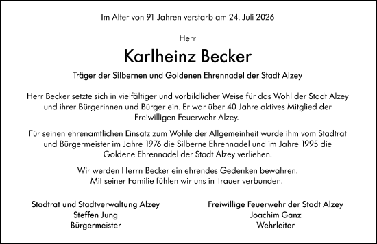 Traueranzeige von Karlheinz Becker von Allgemeine Zeitung Alzey