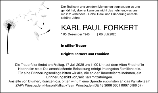 Traueranzeige von Karl Paul Forkert von Hochheimer Zeitung