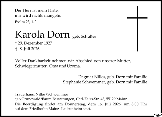 Traueranzeige von Karola Dorn von Wiesbadener Kurier