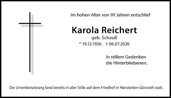 Traueranzeige von Karola Reichert von Idsteiner Land/Untertaunus