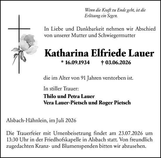 Traueranzeige von Katharina Elfriede Lauer von Darmstädter Echo