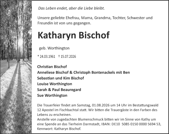 Traueranzeige von Katharyn Bischof von Darmstädter Echo