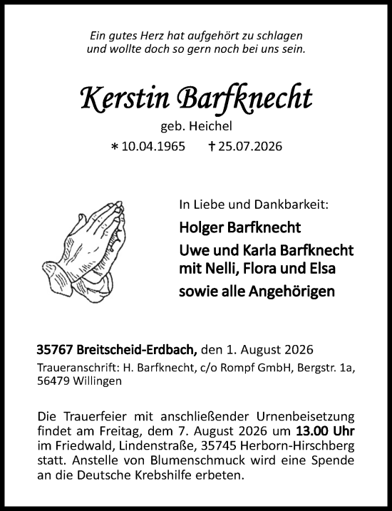 Traueranzeige von Kerstin Barfknecht von Dill Block