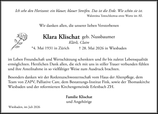 Traueranzeige von Klara Klischat von Wiesbadener Kurier