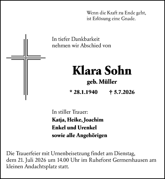 Traueranzeige von Klara Sohn von Hinterländer Anzeiger