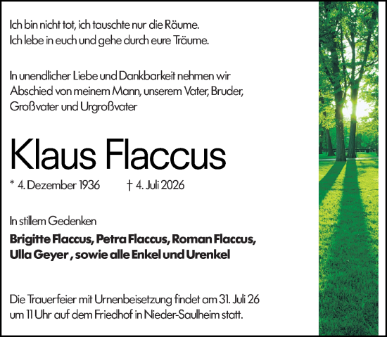Traueranzeige von Klaus Flaccus von Hochheimer Zeitung