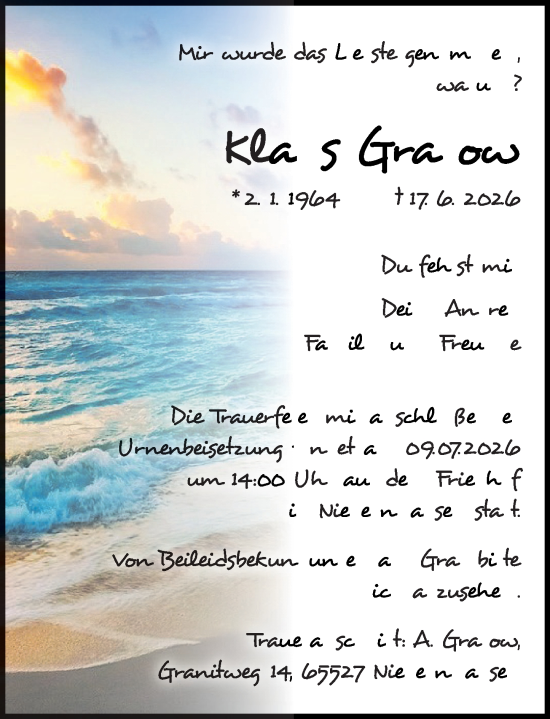 Traueranzeige von Klaus Grabow von Wiesbadener Kurier