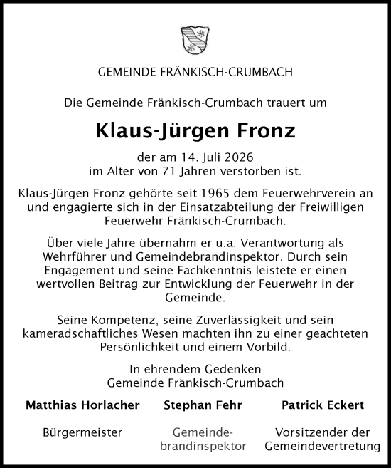 Traueranzeige von Klaus-Jürgen Fronz von Odenwälder Echo