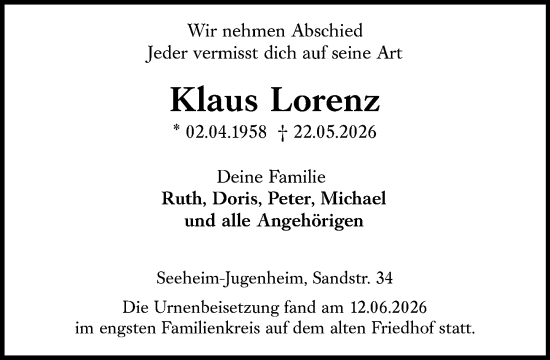 Traueranzeige von Klaus Lorenz von Darmstädter Echo