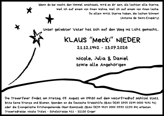 Traueranzeige von Klaus Nieder von Darmstädter Echo