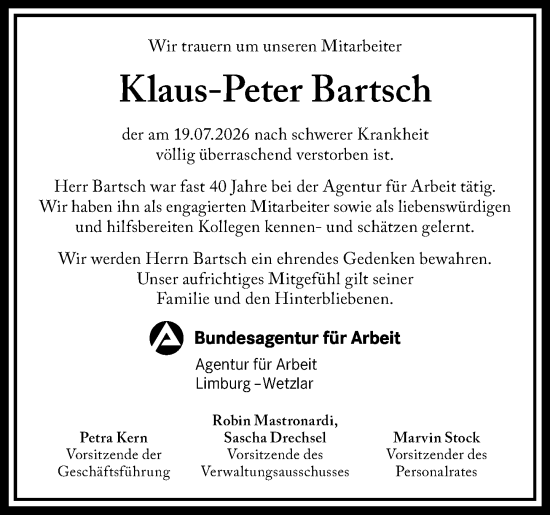 Traueranzeige von Klaus-Peter Bartsch von Wetzlarer Neue Zeitung