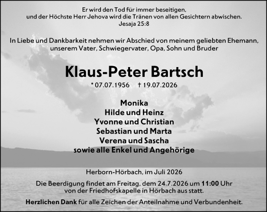Traueranzeige von Klaus-Peter Bartsch von Dill Block