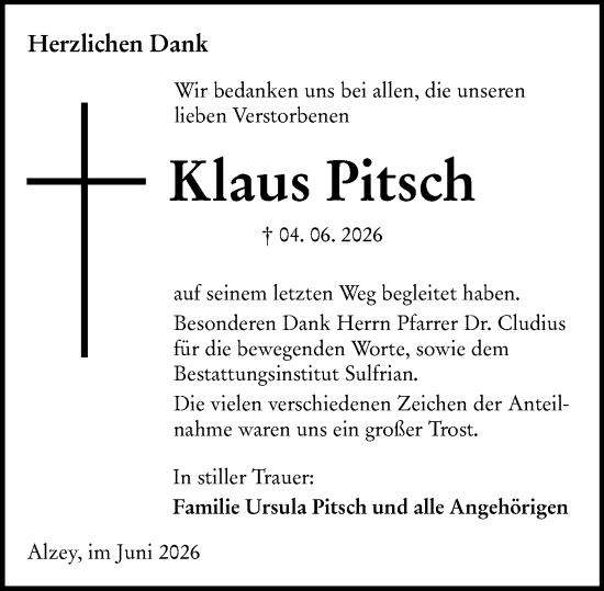 Traueranzeige von Klaus Pitsch von Allgemeine Zeitung Alzey