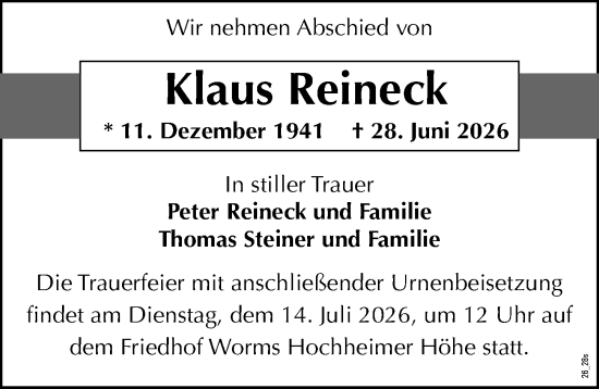 Traueranzeige von Klaus Reineck von Wormser Zeitung