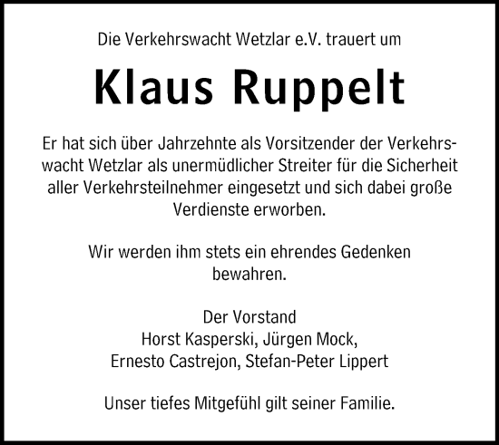 Traueranzeige von Klaus Ruppelt von Wetzlarer Neue Zeitung